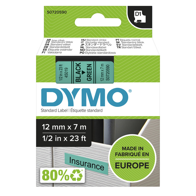 DYMO D1 Standard - Black on Green - 12mm etiketbånd Sort på grøn
