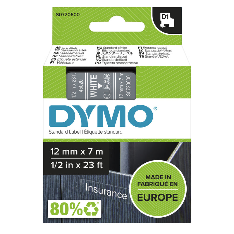 DYMO D1 Standard - White on Transparent - 12mm etiketbånd Hvid på transparent