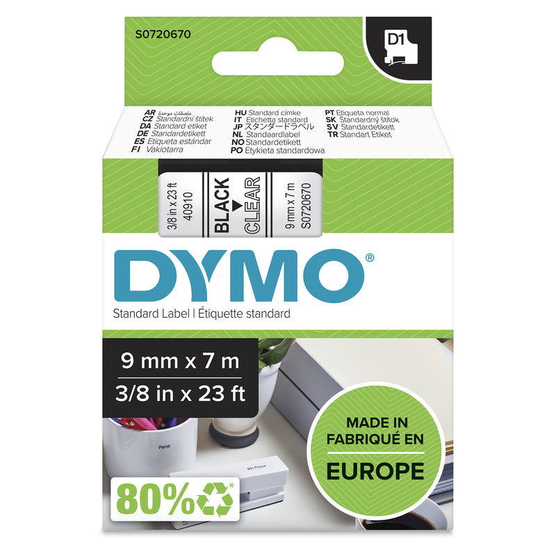 DYMO D1 Standard - Black on Transparent - 9mm etiketbånd Sort på transparant