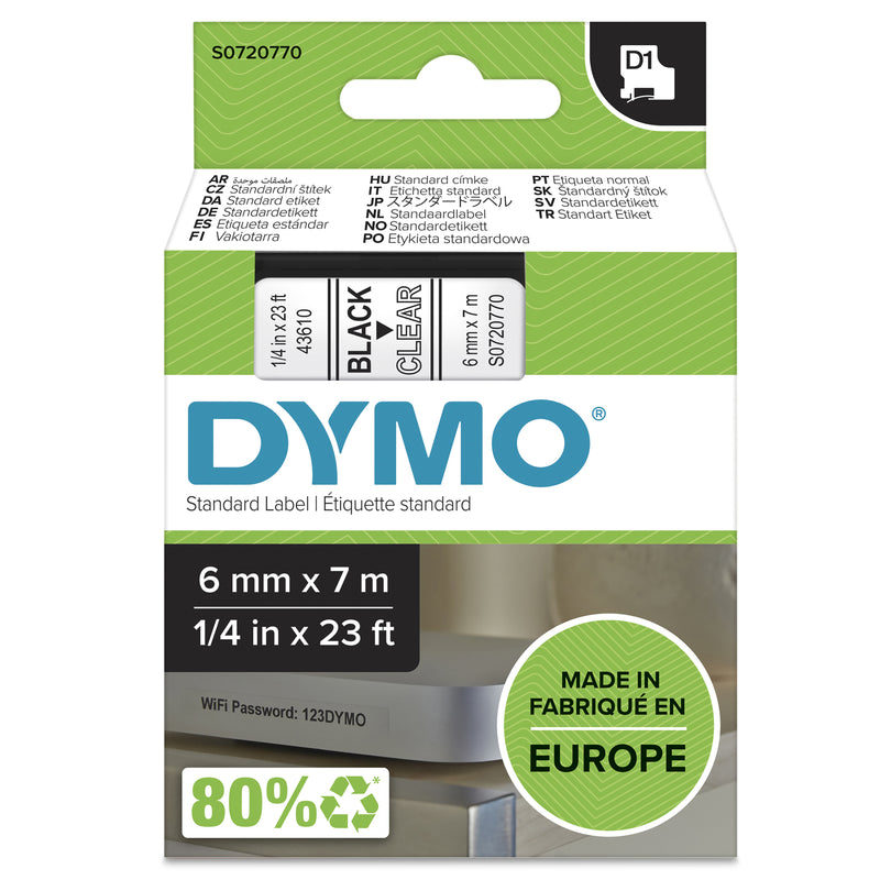 DYMO D1 Standard - Black on Transparent - 6mm etiketbånd Sort på transparant