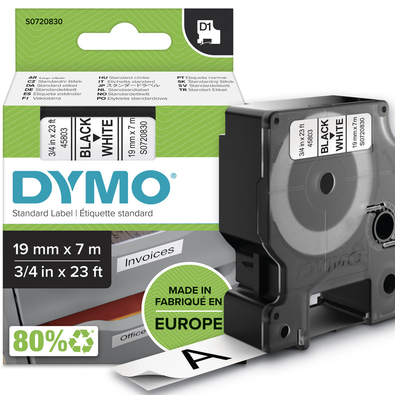 DYMO D1 Standard - Black on White - 19mm etiketbånd Sort på hvid