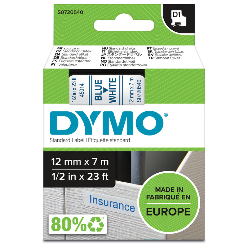 DYMO D1 Standard - Blue on White - 12mm etiketbånd Blå på hvid