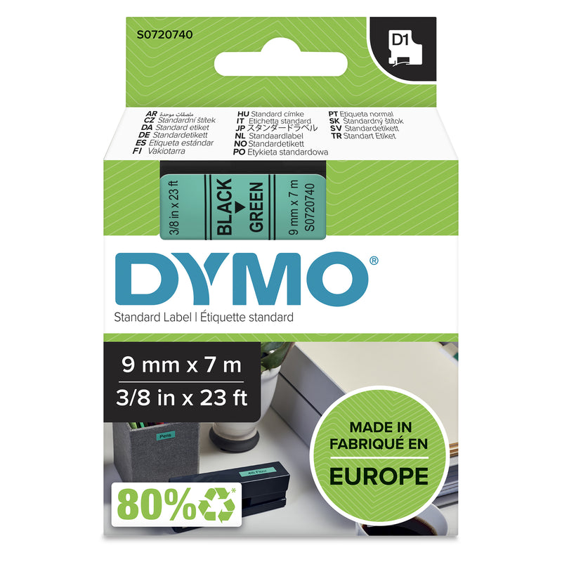 DYMO D1 Standard - Black on Green - 9mm etiketbånd Sort på grøn