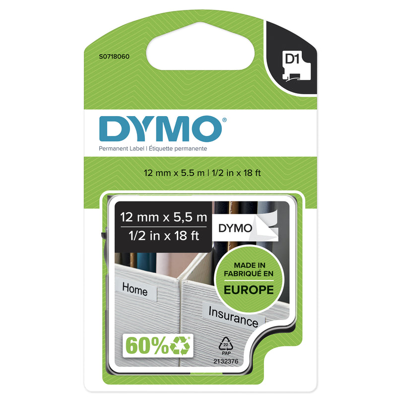 DYMO D1 Durable - Black on White - 12mm etiketbånd Sort på hvid
