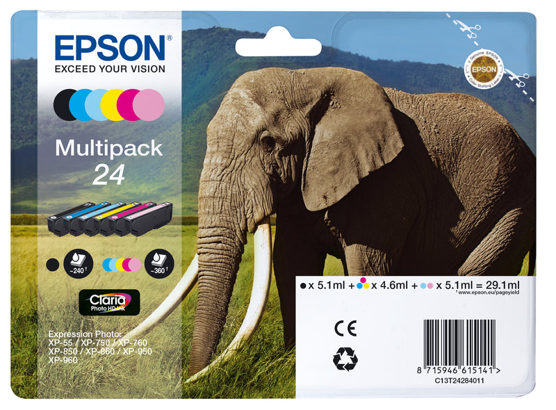 Epson Elephant C13T24284011 blækpatron 6 stk Original Standard udbytte Sort, Blå, Lys cyan, Magenta, Lys magenta, Gul