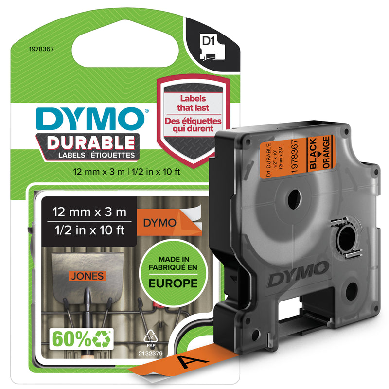 DYMO D1 Durable - White on Orange - 12mm etiketbånd Sort på orange