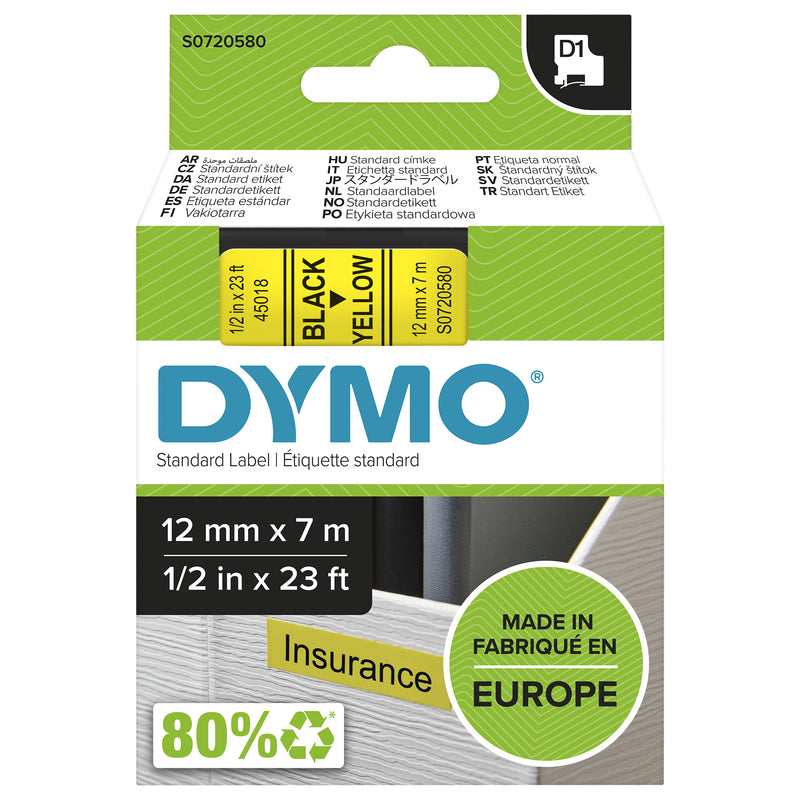 DYMO D1 Standard - Black on Yellow - 12mm etiketbånd Sort på gul