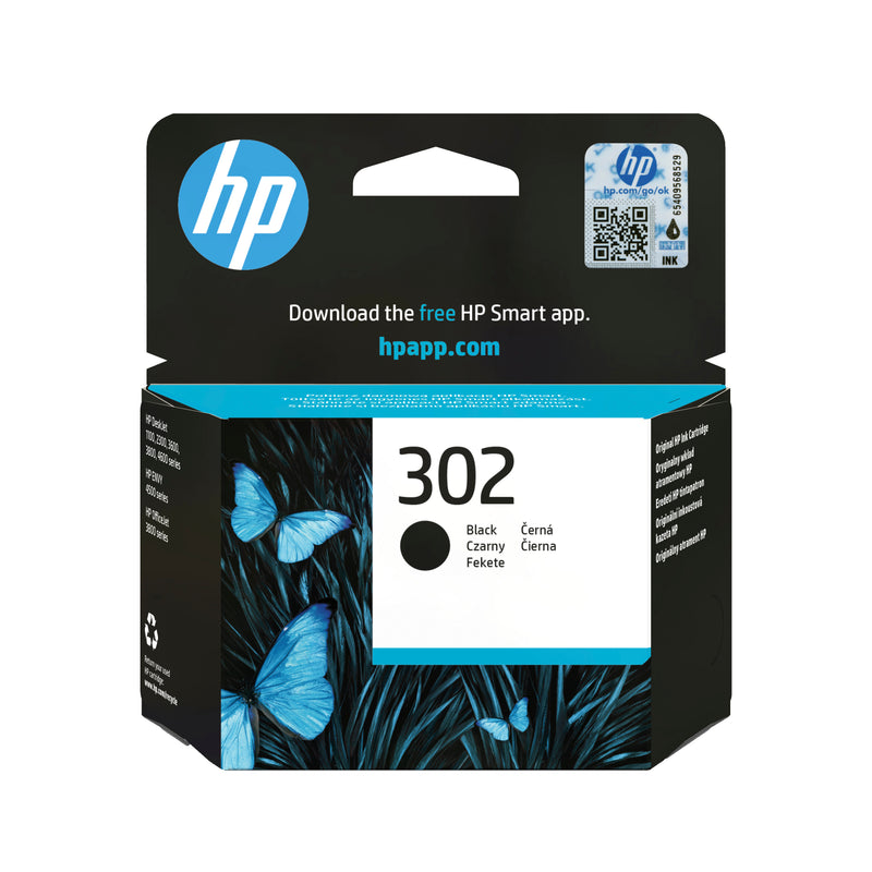 HP 302 Black Original Ink Cartridge blækpatron 1 stk Standard udbytte
