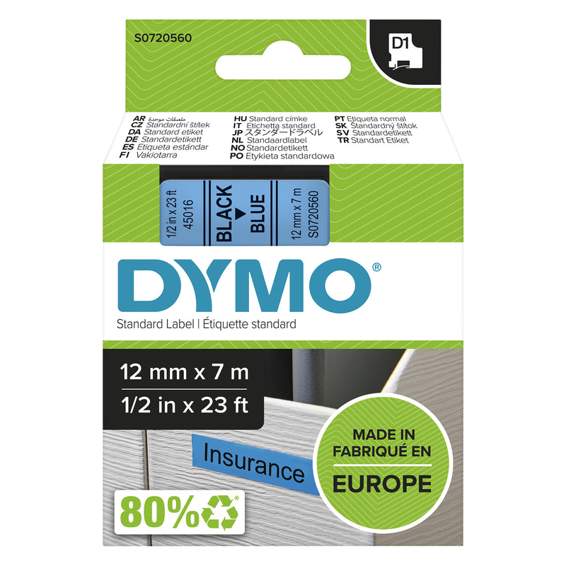 DYMO D1 Standard - Black on Blue - 12mm etiketbånd Sort på blå