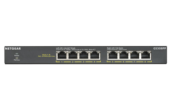 NETGEAR GS308PP Ikke administreret Gigabit Ethernet (10/100/1000) Strøm over Ethernet (PoE) Sort
