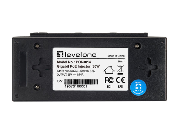 LevelOne POI-3014 PoE adapter Hurtigt ethernet, Gigabit Ethernet 52 V