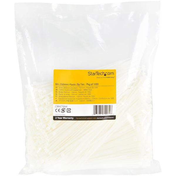 StarTech.com CBMZT6NK kabelsamler Udløselig kabelbinder Nylon, Plast Hvid 1000 stk