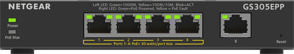 NETGEAR 5-Port Gigabit Ethernet High-Power PoE+ Plus Switch (GS305EPP) Administreret L2/L3 Gigabit Ethernet (10/100/1000) Strøm over Ethernet (PoE) Sort
