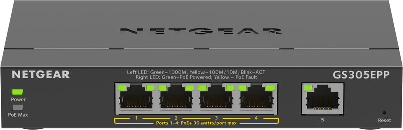 NETGEAR 5-Port Gigabit Ethernet High-Power PoE+ Plus Switch (GS305EPP) Administreret L2/L3 Gigabit Ethernet (10/100/1000) Strøm over Ethernet (PoE) Sort