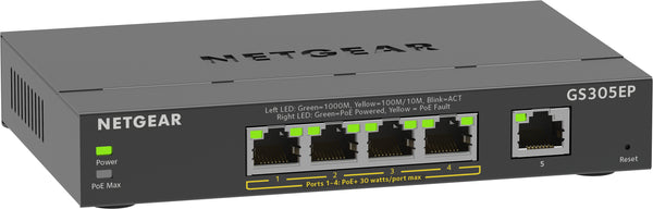 NETGEAR 5-Port Gigabit Ethernet PoE+ Plus Switch (GS305EP) Administreret L2/L3 Gigabit Ethernet (10/100/1000) Strøm over Ethernet (PoE) Sort
