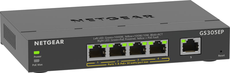 NETGEAR 5-Port Gigabit Ethernet PoE+ Plus Switch (GS305EP) Administreret L2/L3 Gigabit Ethernet (10/100/1000) Strøm over Ethernet (PoE) Sort