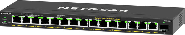 NETGEAR 16-Port High-Power PoE+ Gigabit Ethernet Plus Switch (231W) with 1 SFP port (GS316EPP) Administreret Gigabit Ethernet (10/100/1000) Strøm over Ethernet (PoE) Sort