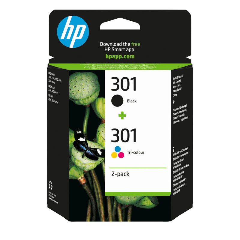 HP 301 2-pack Black/Tri-color Original Ink Cartridges blækpatron 2 stk Standard udbytte Sort, Blå, Magenta, Gul