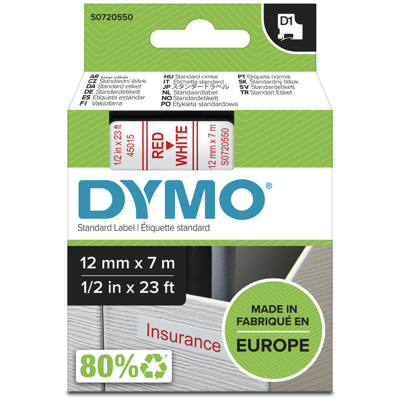 DYMO D1 Standard - Red on White - 12mm etiketbånd Rød på hvid