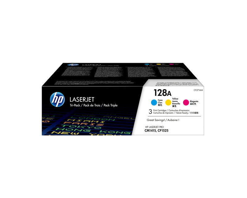 HP 128A 3-pack Cyan/Magenta/Yellow Original LaserJet Toner Cartridges tonerpatron Blå, Magenta, Gul