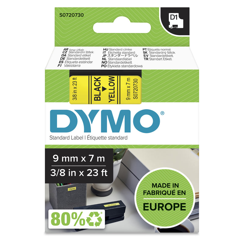 DYMO D1 Standard - Black on Yellow - 9mm etiketbånd Sort på gul