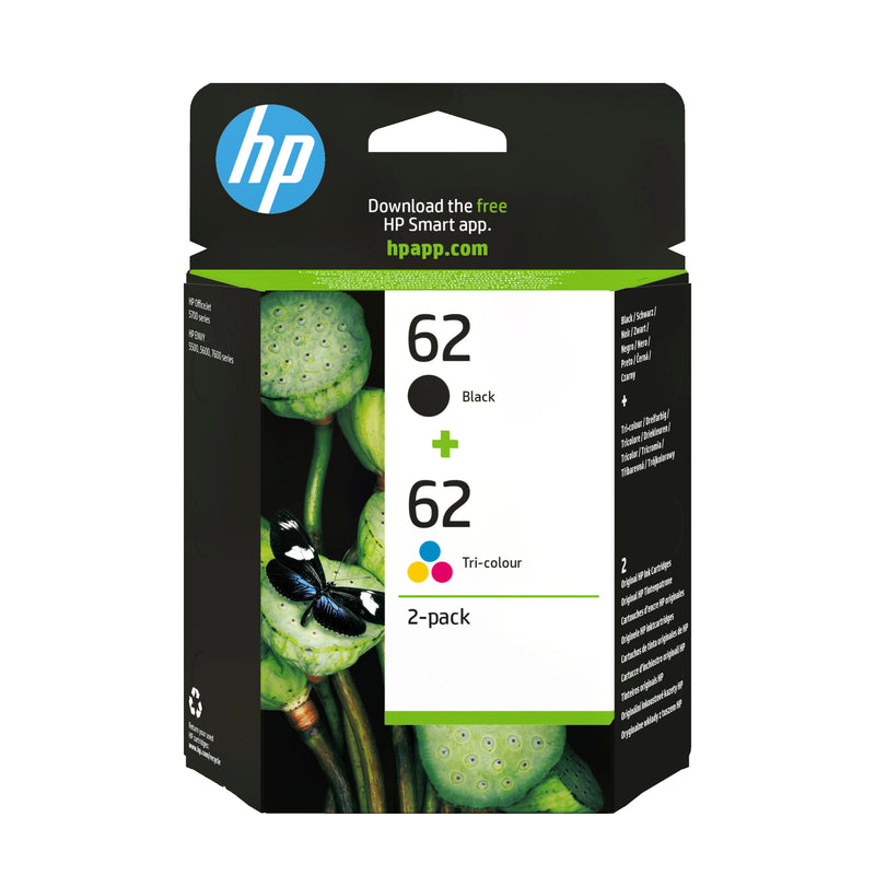 HP 62 2-Pack Tri-color/Black Original Ink Cartridge Combo blækpatron 2 stk Standard udbytte Sort, Blå, Magenta, Gul
