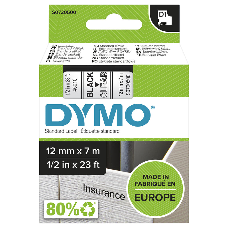 DYMO D1 Standard - Black on Transparent - 12mm etiketbånd Sort på transparant